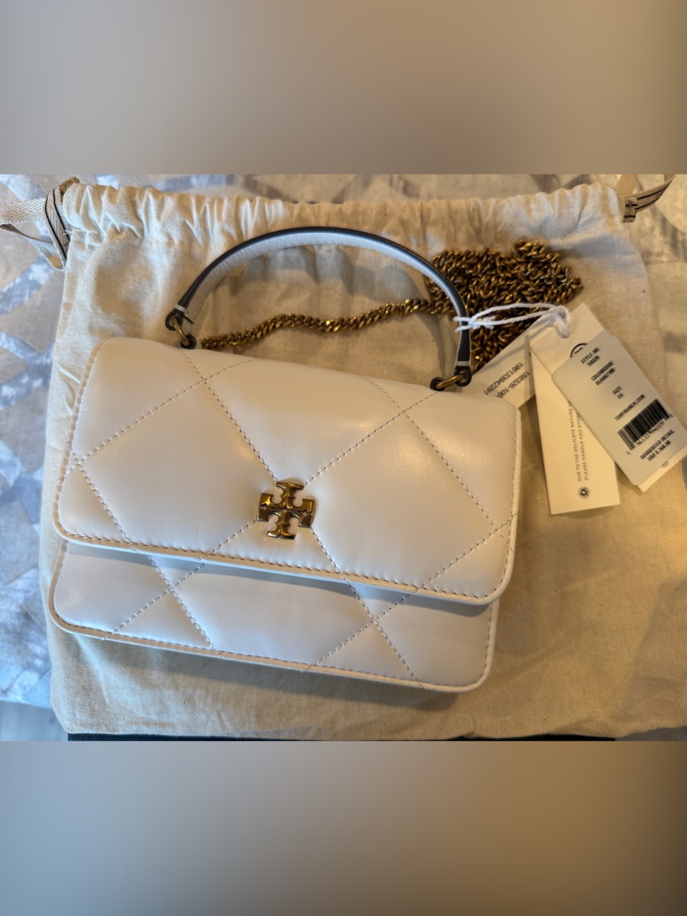 Tory Burch White Quilted Leather Fleming Crossbody with Gold Hardware